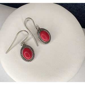 Oval Red Coral Hand Crafted 925 Silver Boho Southwestern Dangle rope style